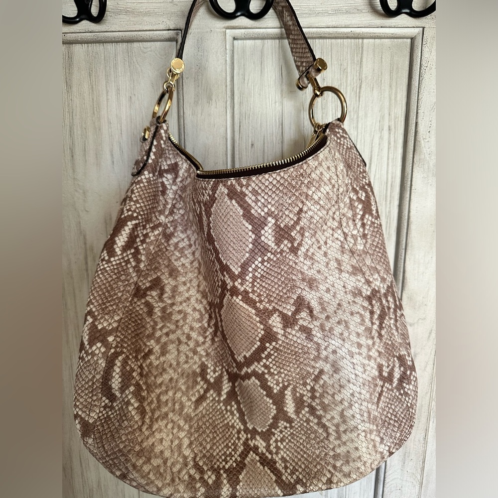 MICHAEL KORS Purse Hallie Snakeskin Print Large Tote Tan